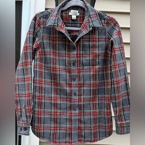 L.L. Bean Woman's Slightly Fitted Grey & Red Plaid Flannel Shirt Size Small